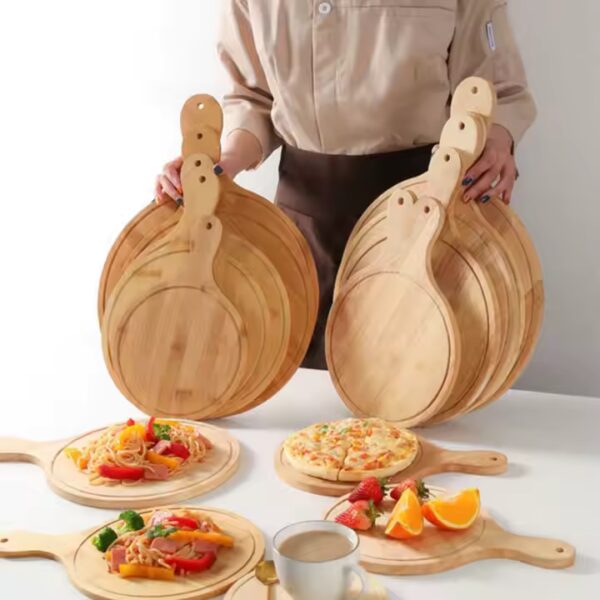 Hot Sale Eco-friendly Smooth Round Bamboo Pizza Board Professional 12inch Custom Pizza Plate With Handle