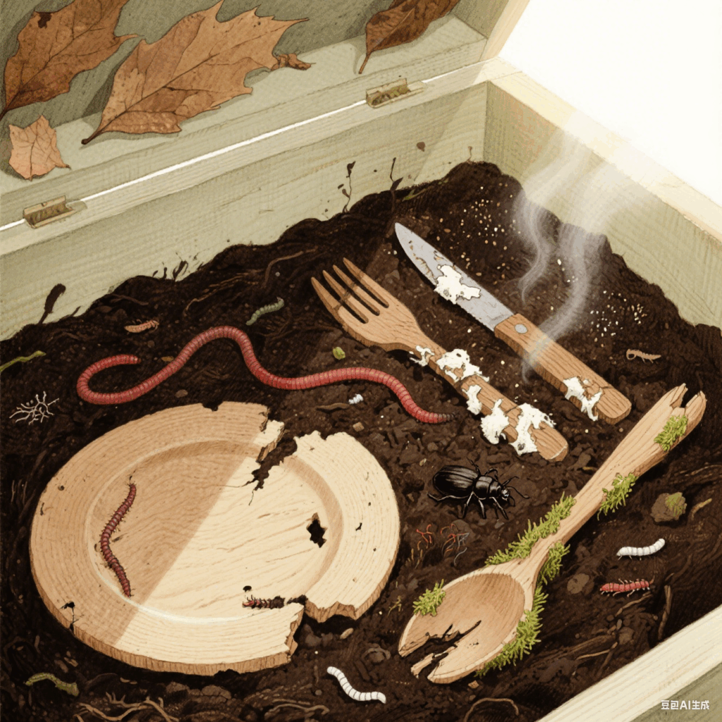 Wooden cutlery decomposing in a compost bin